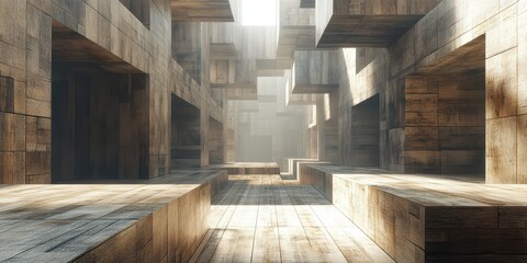 A geometric wooden structure with a light source at the top