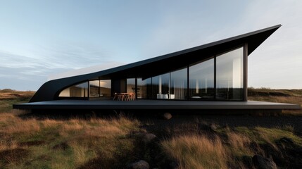Fototapeta premium Modern, minimalist home nestled on a hillside. Exterior features sleek black and white lines, large glass windows, and a dramatic roofline. The home sits atop a grassy, volcanic landscape