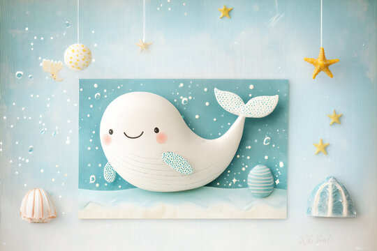 P A cute photo frame featuring a smiling whal