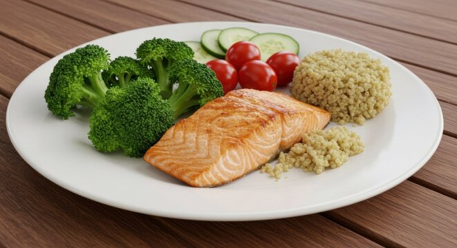 Healthy salmon dish with vegetables and grns on a plate 