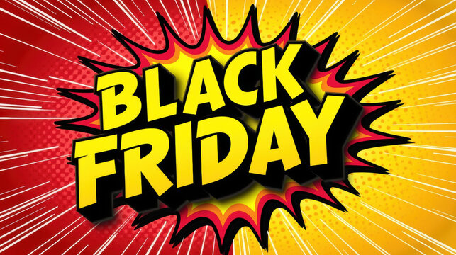 Black Friday sale announcement with vibrant colors and comic style