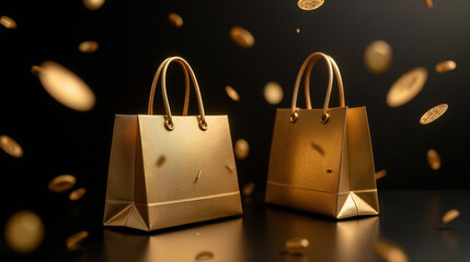 Golden shopping bags surrounded by floating coins create luxurious atmosphere