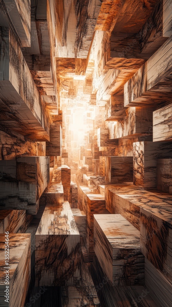Poster abstract geometric wooden structure illuminating from its center source