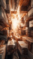 Abstract geometric wooden structure illuminating from its center source