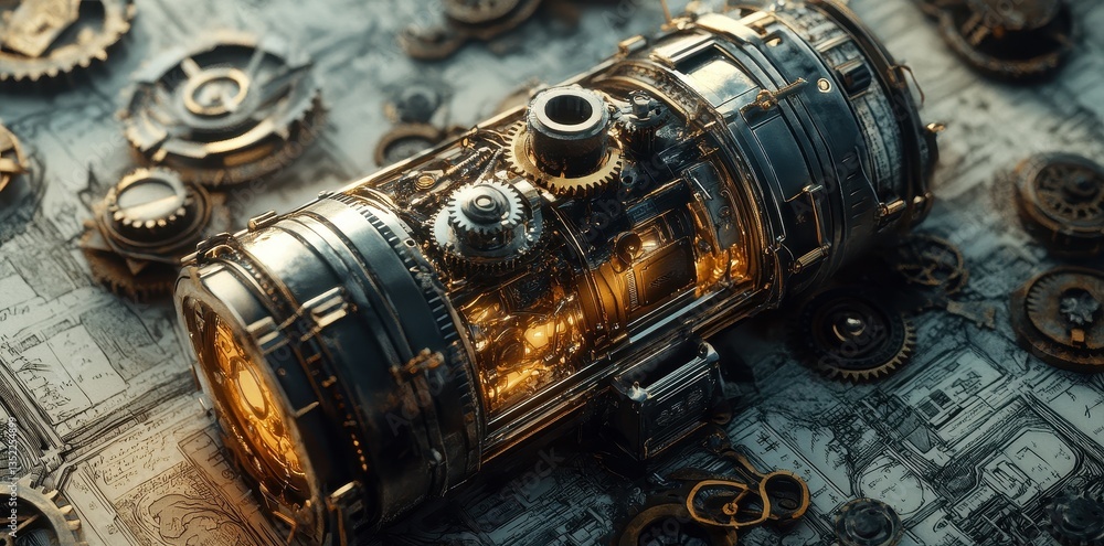 Poster a detailed view of a complex and intricate mechanical machine