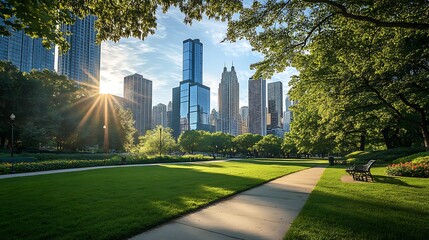 Obraz premium Lush green urban park at sunrise with city skyline image