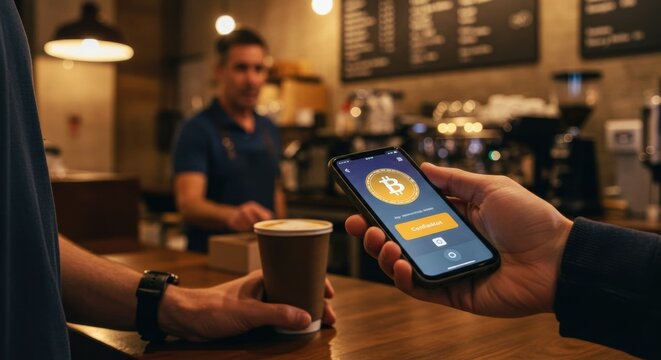 Paying for coffee with cryptocurrency in a caf&eacute; setting 