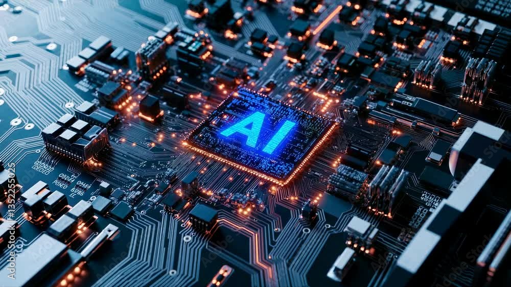 Poster aerial view of a glowing ai chip on a circuit board, highlighting advanced technology concepts in a 