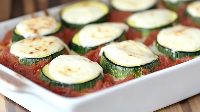 Italian parmigiana di zucchine baked zucchini layered tomato sauce and mozzarella served hot