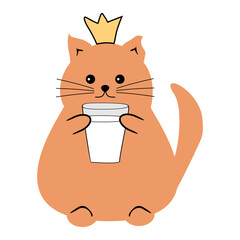 Cute fat funny nice cat with a glass of milk on white isolated vector illustration	
