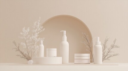 Minimalist cosmetic display, neutral tones, product presentation, studio shot,  background use