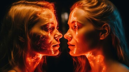 Face-to-face portrait of a young attractive woman with colorful light trails on a black background. Beautiful twin standing side by side with glowing vibrant color and black background. AIG51.
