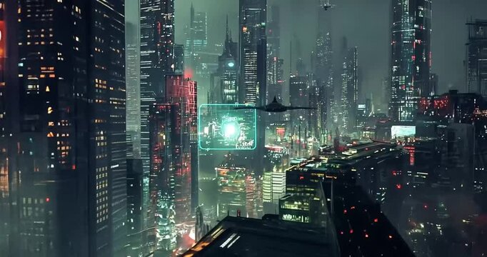 Futuristic cityscape at night with flying vehicles. Aerial view of a vibrant metropolis. Possible use Stock photo for science fiction, fantasy, or urban design - Powered by Adobe