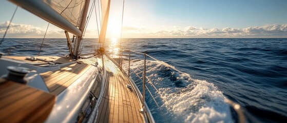 Sunny sunset on a yacht sailing on a calm sea, with sails filled with wind, creating a sense of freedom and adventure. Ideal for travel, vacation, advertising of tourist services.
