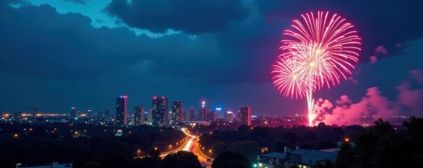 Midnight blue sky, fireworks exploding over cityscape, celebration, abstract, urban