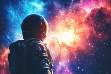 An astronaut observing the vast colorful expanse of the outer space