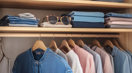 Organized Closet with Stacked Clothes and Sunglasses