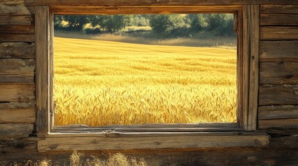 Golden wheat fields sparkling in the sunlight, seen through charming rustic wooden windows.