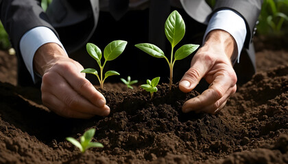 A man in formal attire carefully plants seedlings into fertile soil, embodying growth, sustainability, and eco-conscious stewardship, encapsulating the essence of nurturing development.