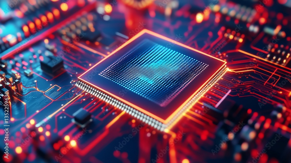 Poster close-up of a glowing cpu, showcasing intricate circuitry and technological advancement. high-tech d