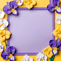Surrounding a blank purple canvas, delicate iris flowers in white, yellow, and purple create a vivid frame Generative AI