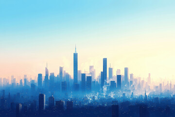 Fototapeta premium City skyline with towering skyscrapers silhouetted against a vibrant sunset sky, casting long shadows over the bustling urban landscape.