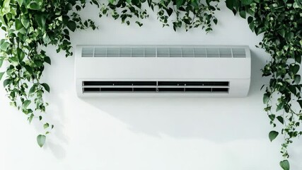 A sleek air conditioning unit is installed on a wall that features lush green plants providing a vibrant and fresh indoor atmosphere