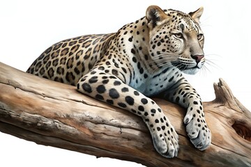 Fototapeta premium A majestic leopard rests serenely on a weathered branch, its spotted coat gleaming under soft light, a symbol of untamed grace and wild beauty.