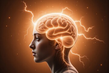 Obraz premium Brain Power: Woman with Glowing Brain and Lightning, Mental Energy, Focus, Intelligence, and Thought Process Concept