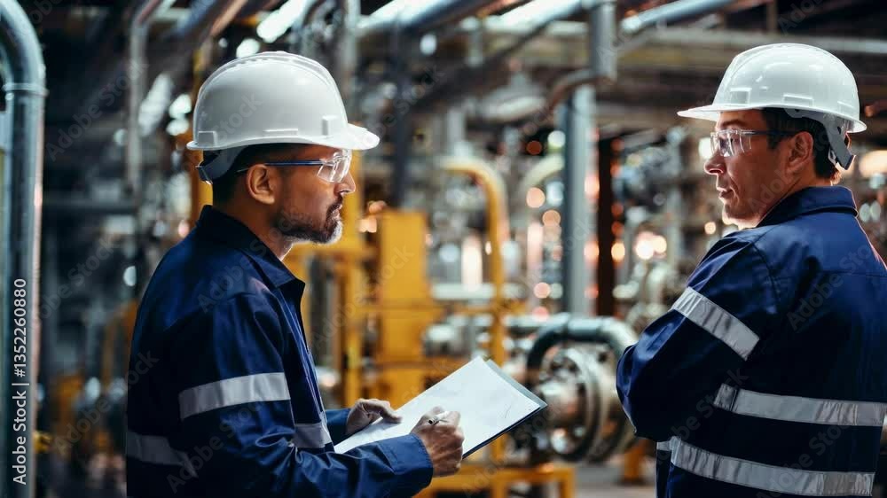 Poster two engineers in hard hats discuss plans in a factory. the video captures them from a side angle, em