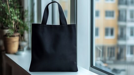 A black canvas tote bag is displayed on a white windowsill, next to a potted plant. The bag is simple and modern, great for showcasing designs.

