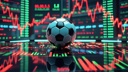 Soccer ball on reflective surface in front of digital financial charts with red and green fluctuating stock data
- Powered by Adobe
