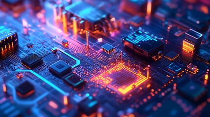 Obraz premium A sleek, modern depiction of quantum computing with advanced processors and abstract data flows.