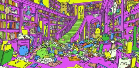A Colorful Messy Library Filled With Books and Papers