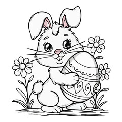 A bunny painting an Easter egg and some flowers, designed as a coloring page, ready to print on a standard 5000 x 5000 pixel artboard in AI/EPS format.