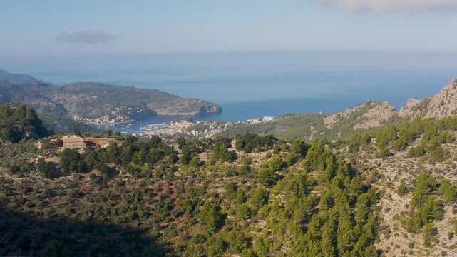  Aerial view of popular summer resort town Port de Soller. A cozy harbor for ships and yachts. Beautiful coastline. Mallorca, Balearic Islands, Spain. 