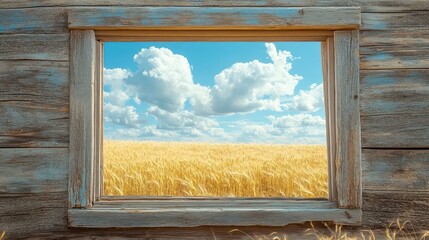 Rustic wooden window frames overlooking golden wheat fields, blue sky and soft floating clouds.
