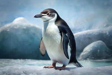 Fototapeta premium A lone Chinstrap penguin stands proudly amidst Antarctic icebergs, a symbol of resilience and the beauty of a pristine, cold environment with soft natural light and a blurred icy background.