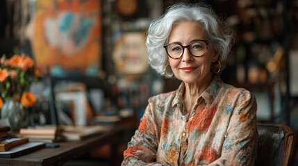 Obraz premium The image of an elderly individual surrounded by blurred artwork and books in a cozy room emphasizes lifelong learning and artistic appreciation