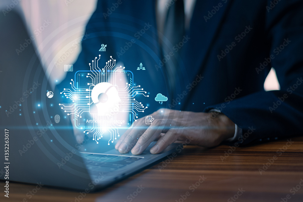 Poster businessman using ai-powered computer analyzing financial data and market trendsfuturistic digital i