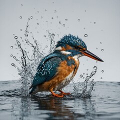 A kingfisher with ruffled feathers after a dive, shaking off water droplets, isolated on a white background.