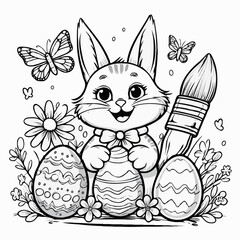 A bunny painting an Easter egg and some flowers, designed as a coloring page, ready to print on a standard 5000 x 5000 pixel artboard in AI/EPS format.