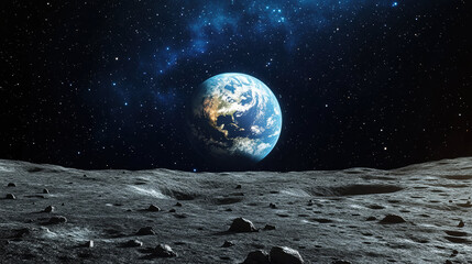 breathtaking view of Earth from Moon surface, showcasing vastness of space and beauty of our planet. lunar landscape is dotted with rocks, creating stunning contrast against starry sky