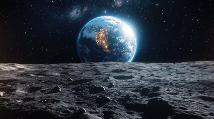 breathtaking view of Earth from Moon surface, showcasing planet vibrant colors and city lights against starry backdrop. lunar landscape is rugged and cratered, evoking sense of wonder