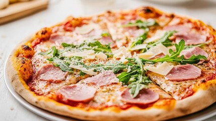 A gourmet pizza topped with thinly sliced Parma ham, fresh arugula, and shaved parmesan