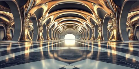 A luxurious hallway with a reflective floor and artistic structures