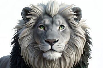 Fototapeta premium A majestic silver lion, eyes gleaming with ancient wisdom, commands attention with its luxurious, flowing mane against a stark white backdrop.
