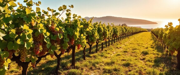 Naklejka premium Sun-drenched grapevines on coastal vineyard, sea breeze, vine, wineyard