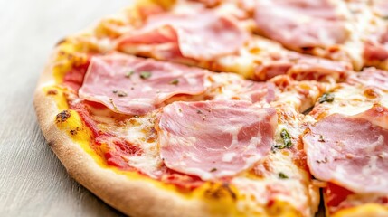 A macro shot of delicate Parma ham slices arranged on a cheesy pizza