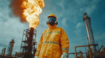 Obraz premium Worker in Protective Gear at Industrial Site with Gas Flame